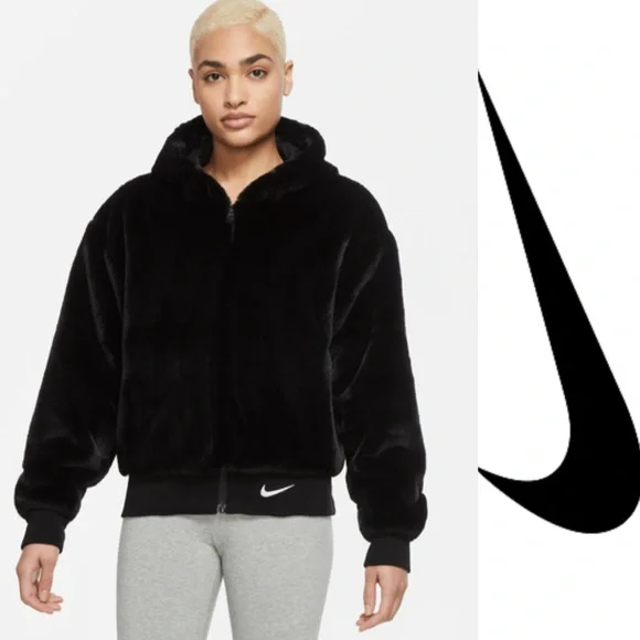 Nike Essential Faux Fur Black Hoodie Jacket*NWT - Picture 2 of 5